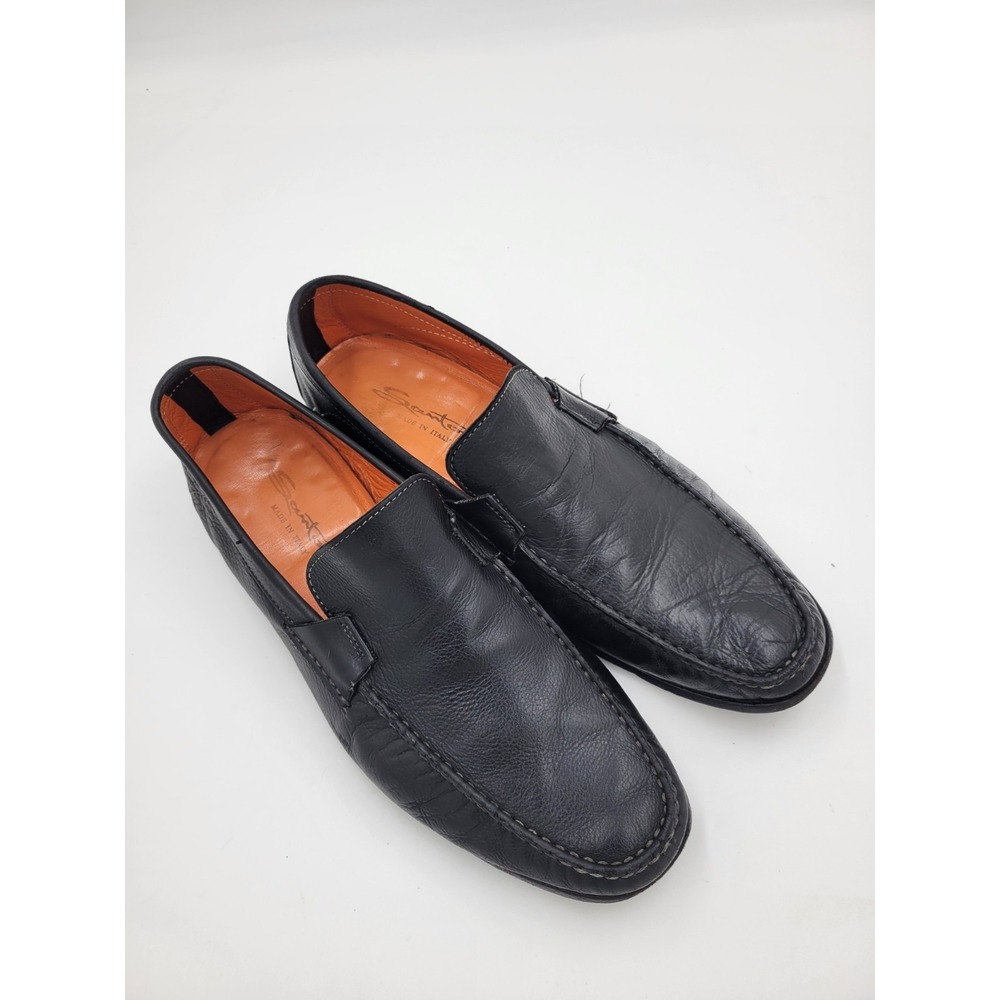 Santoni Men's Black Leather Slip On Loafers Made in Italy Dress Shoe Sz‎ 9